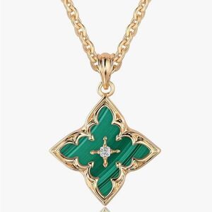 14K Gold Clover Necklace Green Malachite Pendant Chain Dainty Van Cleef Style
